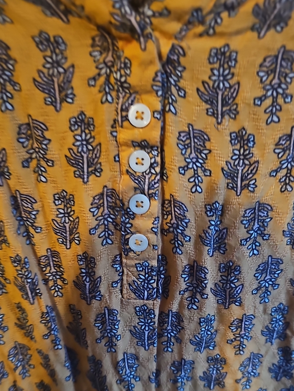 Knox Rose Mustard Short Sleeve Button Front Top with Navy Floral Print - Picture 4 of 5